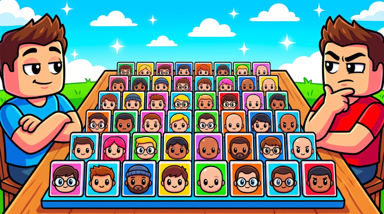 Guess The Person Roblox board with two players facing a grid of face tiles