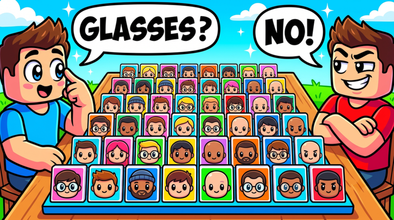 Guess The Person players asking a glasses question across a face board
